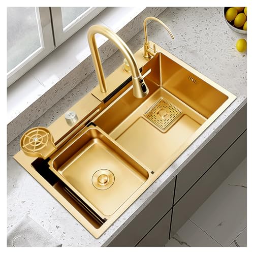 AIVANOTO 75x50cm Goldene Küchenbar-Spüle, Küchenspüle Aus Edelstahl Mit Wasserfall-Effekt, Integriertes Spülbecken, Mit Ausziehbarem Wasserhahn, Tassenspüler, Ablaufgarnituren von AIVANOTO