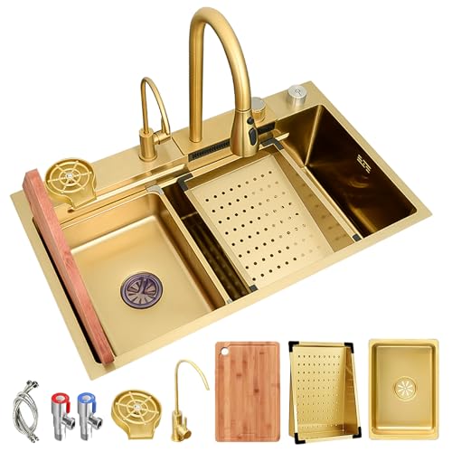 AIVANOTO 75x50cm Goldene Wasserfall-Küchenspüle, Mit Ausziehbarem Wasserhahn, Kleinem Becken, Tassenspüle, Abflusssets, Küchenbar-Spüle Aus Edelstahl, Große Einzelspüle, Nanobeschichtet von AIVANOTO