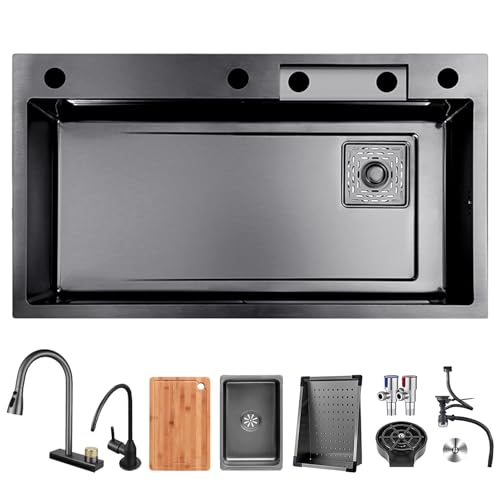 AIVANOTO 85x50cm Schwarz Wasserfall-Küchenspüle, 1 Becken Küchenspüle Edelstahl Rechteck, Mit Ausziehbarem Wasserhahn, Kleinem Becken, Tassenspüle, Abflusssets, Küchenbar-Spüle Aus Edelstahl von AIVANOTO