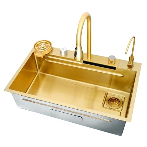 AIVANOTO Goldene Küchenbar-Spüle, Küchenspüle Aus Edelstahl Mit Wasserfall-Effekt, Integriertes Spülbecken, Mit Ausziehbarem Wasserhahn, Tassenspüler, Ablaufgarnituren(80x45x22cm) von AIVANOTO
