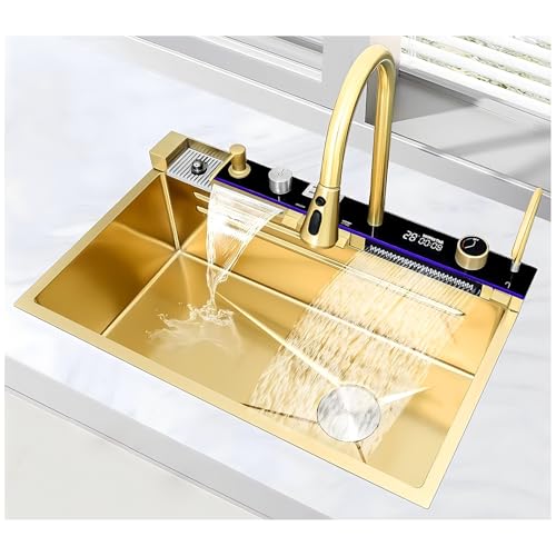 AIVANOTO Verbesserte Küchenspüle Mit Wasserfall-Effekt, Arbeitsstationsspüle Aus Nano-Edelstahl, Intelligente Küchenbar-Spüle Mit Ausziehbarem Wasserhahn, Tassenspüle, Abfluss-Sets(Gold,80x46x22cm) von AIVANOTO