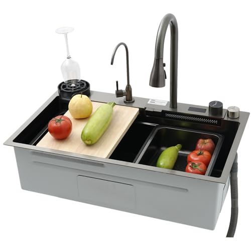 Edelstahl-Küchenspüle Mit Ausziehbarem Wasserhahn, Glasbrause, Einzelbecken, Wasserfall-Arbeitsplatzspüle, Tiefe Bar-Spüle, Strukturierte Oberfläche, Kompletter Ablaufgarnitur(75x45x22cm) von AIVANOTO