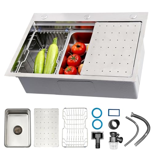 Professionelle Edelstahl-Spüle 304 - Großformatige Einzelspüle Mit Abtropfkorb Für Küche & Bar - Oberschrank-/Unterbau-Montage - Robuste Küchenspüle, Geschirrspülbecken(B,80x50x22cm) von AIVANOTO