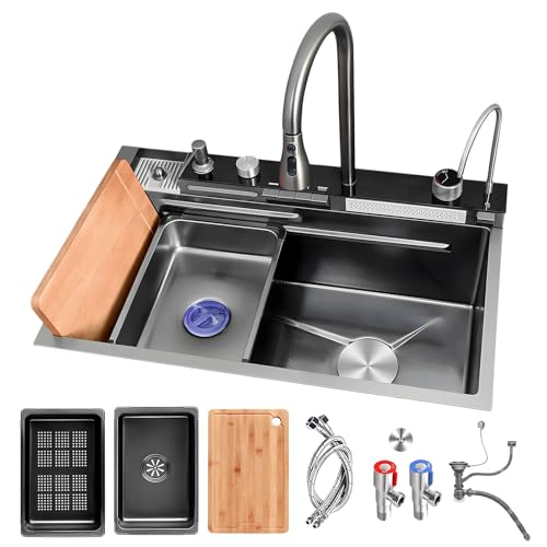Wasserfall-Küchenspüle, Mit Wasserhahn-Kombination, Multifunktionale Einzelbecken-Küchenbar-Spüle, Intelligente Arbeitsstationsspüle Aus Edelstahl, Mit Tassenspüler, Abfluss(80x46x22cm) von AIVANOTO