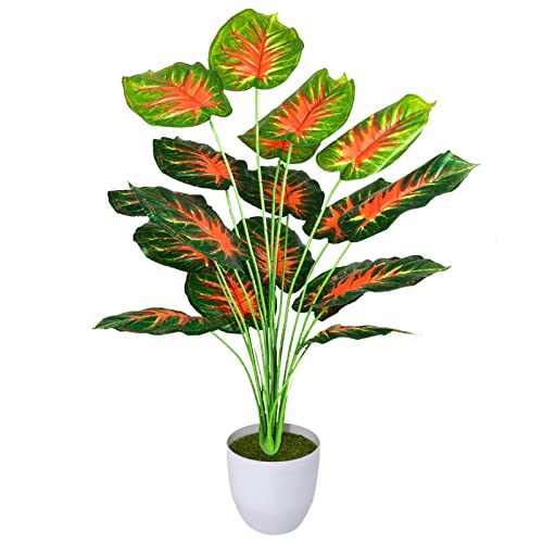 AIVORIUY Kunstpflanzen Groß Areca Kunstpalme im Topf Plastik Künstliche Pflanze Tropical Palme mit Blättern Grün Fake Plant für Schlafzimmer Büro Garten Hochzeit Dekor (77cm Rot Grün) von AIVORIUY