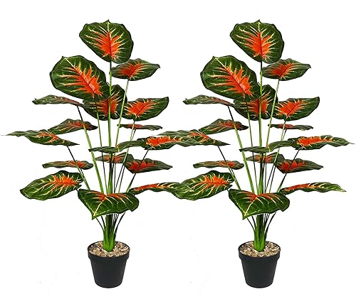 AIVORIUY Kunstpflanzen im Topf Plastik Künstliche Tropischen Pflanzen Grüne Blätter mit Stielen und Töpfen Grünpflanze, Fake Pflanzen für Zuhause Büropflanze Deko (75cm Rot Grün) von AIVORIUY