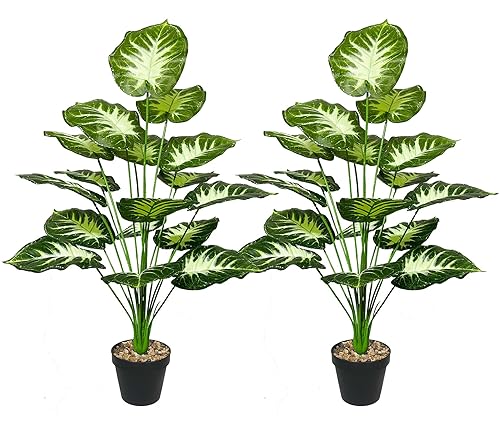 AIVORIUY Kunstpflanzen im Topf Plastik Künstliche Tropischen Pflanzen Grüne Blätter mit Stielen und Töpfen Grünpflanze, Fake Pflanzen für Zuhause Büropflanze Deko (75cm Weiß Grün) von AIVORIUY