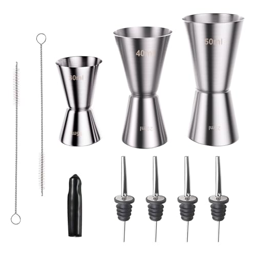 AIVORO 3 Stück Barmaß, 3cl/4cl/5cl Bar Messbecher Cocktail, Edelstahl Messbecher für Cocktails, Jigger mit Innenskalierung (30/15ml, 40/20ml, 50/25ml), 4 Stück Ausgiesser für Spirituosen, 2 Bürste von AIVORO