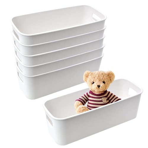 AIVORO 6 PCS Aufbewahrungsbox Kunststoff, Kunststoff-Aufbewahrungskörbe, Aufbewahrungsbox Schmal Lang, Weiß Rechteck Aufbewahrungskorb, Organizer Box mit Griffen für Küchen Badezimmer Regal Schrank von AIVORO