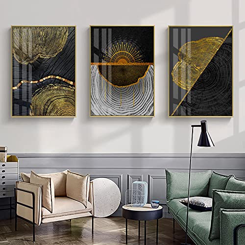 Abstrakt Schwarz Gold Holz Poster Nordic Luxus Baum Ring Leinwand Malerei Wandkunst Modernes Bild FüR Schlafzimmer Wohnkultur Rahmenlos 40×50cm×3st von AIVYNA