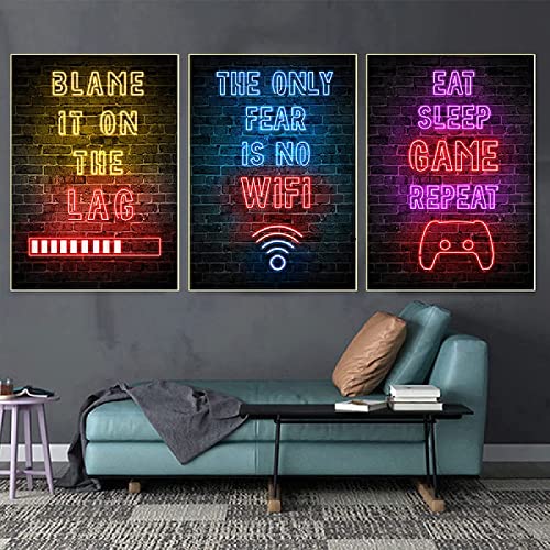 Gaming Leinwand GemäLde Eat Sleep Game Repeat Wand Bilder Poster Neon Bunte Kunstdrucke FüR Kinder Jungen Zimmer Dekoratives Bild Spielzimmer Rahmenlos 40×50cm×3pcs von AIVYNA