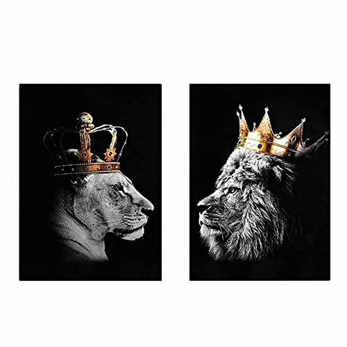 KöNig Der LöWen Und KöNigin Kopf Mit Krone Poster Leinwand Bild Posterdrucke Wand Bilder Bilder Schwarze Tierbilder Wohnkultur Rahmenlos 50×70 Cm×2st von AIVYNA