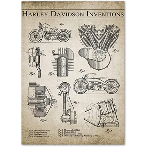 Motorrad Erfindungen Motor Patent Maschinenbau Poster Retro Leinwand Malerei Wandkunst Bilder Druck BüRo Dekor Rahmenlos von AIVYNA