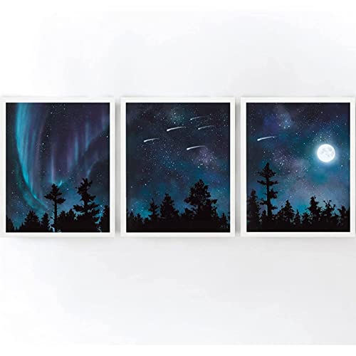 Nordic Aurora Borealis Poster Kunstdrucke Sternschnuppen Nachthimmel Wand Bilder Mond BäUme Leinwand Bild Bilder Schlafzimmer Wohnkultur Rahmenlos 30×40cm×3st von AIVYNA