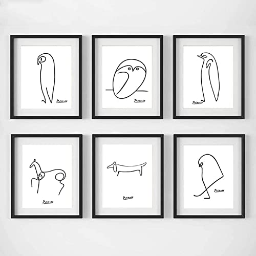 Picasso Minimalistische Strichzeichnung Tiere Poster Schwarz Weiß Wand Gemäldedrucke Leinwand Bild Wohnzimmer Wandbild Wohnkultur Rahmenlos 40×50cm×6pcs von AIVYNA