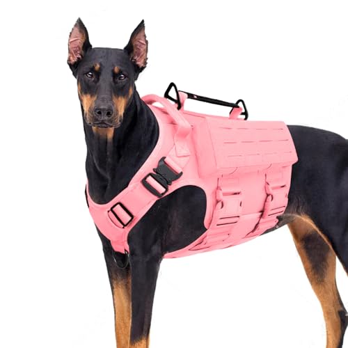 AIWAI Tactical Hundegeschirr mit Griff für große Hunde, 2X Metallschnalle, Hund MOLLE Weste mit Taschen, Kein Zug Verstellbare Easy Control Hundeweste Geschirr für Working Training (Rosa, XL) von AIWAI