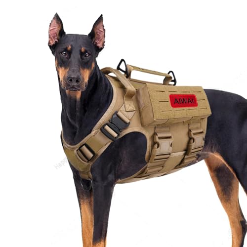 AIWAI Tactical Hundegeschirr mit Griff für große Hunde, 2X Metallschnalle, Hund MOLLE Weste mit Taschen, Kein Zug Verstellbare Easy Control Hundeweste Geschirr für Working Training (Khaki, XL) von AIWAI