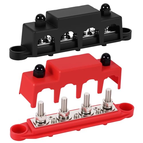 12V - 48V DC 250 Amp Stromverteilerblock Busbar Terminal Block, 4 x M8 Klemmbolzen mit Abdeckung und Ringklemmen mit Abdeckung, Stromschiene für Auto, Wohnmobil, Boot, Marine, Yachten (Rot + Schwarz) von AIWMQYYF