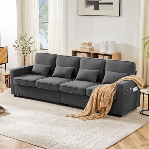 AIWMQYYF 4-Sitzer-Sofa mit Gepolsterte, Sofa Couch mit Extra Tiefer Sitzfläche, 4 Passenden Kissen, Kratzfestes Leinen fürs Wohnzimmer Schlafzimmer Wohnung (Dunkelgrau) von AIWMQYYF