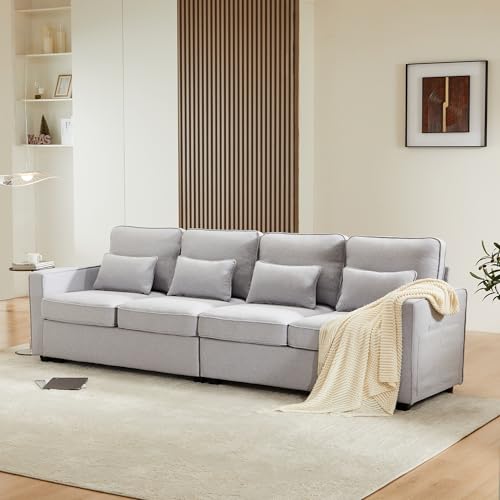 AIWMQYYF 4-Sitzer-Sofa mit Gepolsterte, Sofa Couch mit Extra Tiefer Sitzfläche, 4 Passenden Kissen, Kratzfestes Leinen fürs Wohnzimmer Schlafzimmer Wohnung (Grau) von AIWMQYYF