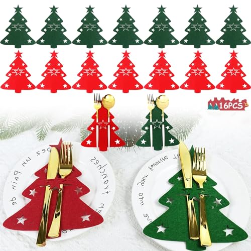 AIXIMA Weihnachten Bestecktasche,16 Stück Weihnachtsbaum Besteckhalter,Besteckhalter Weihnachten Filz,Weihnachten Tischdeko Bestecktasche Besteckbeutel,Weihnachtsbaum Tischdeko von AIXIMA