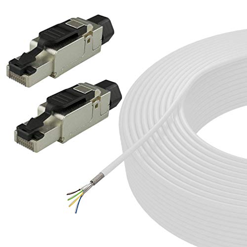 AIXONTEC 50 m CAT.7 Netzwerkkabel SET Weiß mit 2x RJ 45 Cat.6A feldkonfektionierbaren Stecker 10 Gigabit Lan Kabel Installationskabel Verlegekabel selbstmontage ohne Werkzeug SFTP AWG 23 LSOH von AIXONTEC