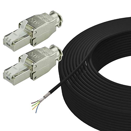 AIXONTEC 50 m Cat.7 Erdkabel Set mit 2 RJ45 Stecker geschirmt LAN Ethernet Netzwerk Kabel AWG 23/1 UV-Beständig Outdoor für Außenbereich und in die Erde – Werkzeugfrei – Selbstmontage von AIXONTEC