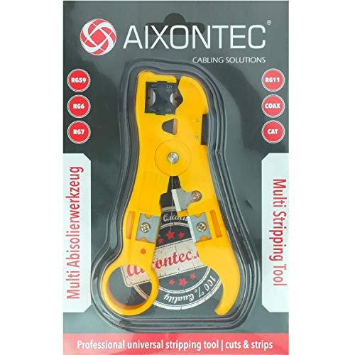 AIXONTEC Multi Abisolierwerkzeug Abisolierzange für Koaxial kabel RG6, RG7, RG11 und RG59 LAN Cat.7 Kabel Ethernet Antennen Leitungen Netzwerkkabel Abmantelwerkzeug Gelb (Gelb Abisolierzange) von AIXONTEC