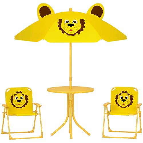 AIYAPLAY Kindersitzgruppe mit Sonnenschirm Höhenverstellbar Kindersitzgarnitur Kindertisch mit 2 Klappstühlen Sitzgarnitur Kinder Sitzgruppe Outdoor Gartenmöbel für Garten Strand, Gelb von AIYAPLAY
