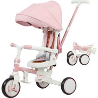 AIYAPLAY Dreirad 5-in-1 mit Schubstange für 1-3 Jahre Faltbar Kinderdreirad mit reversiblem Sitz, Fußstütze, ausziehbar Sonnendach, Aufbewahrungstasche, Sicherheitsgurt Rosa   Aosom von AIYAPLAY