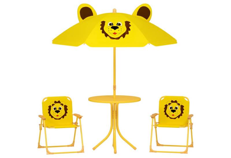 AIYAPLAY Garten-Kindersitzgruppe Kindersitzgarnitur mit höhenverstellbarem Sonnenschirm, (Gartentisch, 2 Klappstühle, 4-tlg., Löwen-Design für 2-5 Jahre Kinder), Gelb von AIYAPLAY