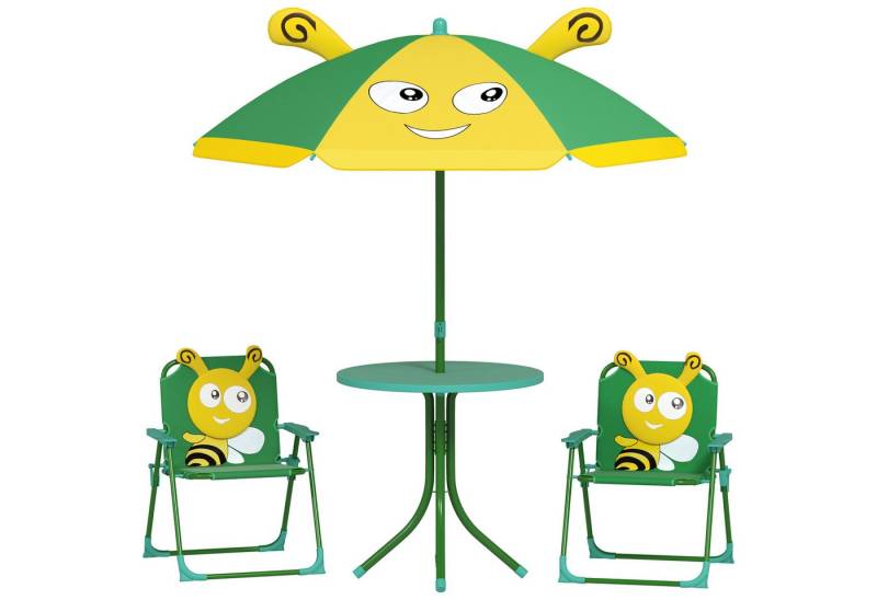 AIYAPLAY Garten-Kindersitzgruppe mit höhenverstellbarem Sonnenschirm, (Gartentisch, 2 Klappstühle, 4-tlg., Garten Kindersitzgarnitur), Bienen-Muster für 2-5 Jahre Kinder, Grün von AIYAPLAY