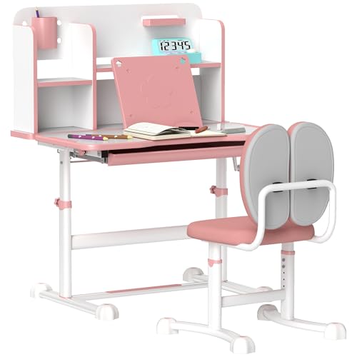 AIYAPLAY Höhenverstellbares Kinderschreibtisch und Stuhl Set 3-12 Jahre, Schulschreibtisch mit 45° kippbarer Platte, Schublade, Regal, Stifthalter und Buchstütze, Stahl und MDF, Pink von AIYAPLAY