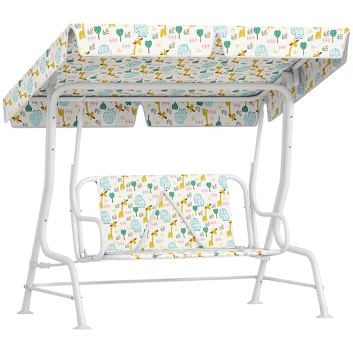 AIYAPLAY Kinder Hollywoodschaukel 2-Sitzer Kinderschaukel mit verstellbarem Sonnendach, Sicherheitsgurt Gartenschaukel für 3-6 Jahre Kinder Weiß 110 x 74 x 113 cm von AIYAPLAY