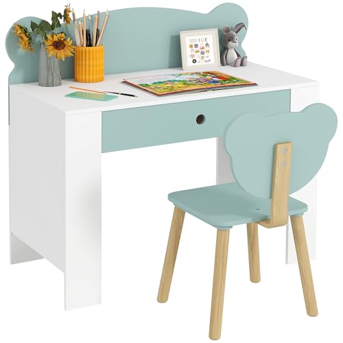 AIYAPLAY Kinderschreibtisch-Set mit Stuhl, Studiertisch mit Schublade, Rückenlehne in Form eines Teddybären, Alter 3-8 Jahre, grün von AIYAPLAY