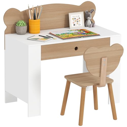 AIYAPLAY Kinderschreibtisch Set mit Tischplatte & Schublade Kinder Schreibtisch und Stuhl mit Bärenform Schülerschreibtisch Kindertisch Jugendschreibtisch für Jungs & Mädchen Naturholz von AIYAPLAY