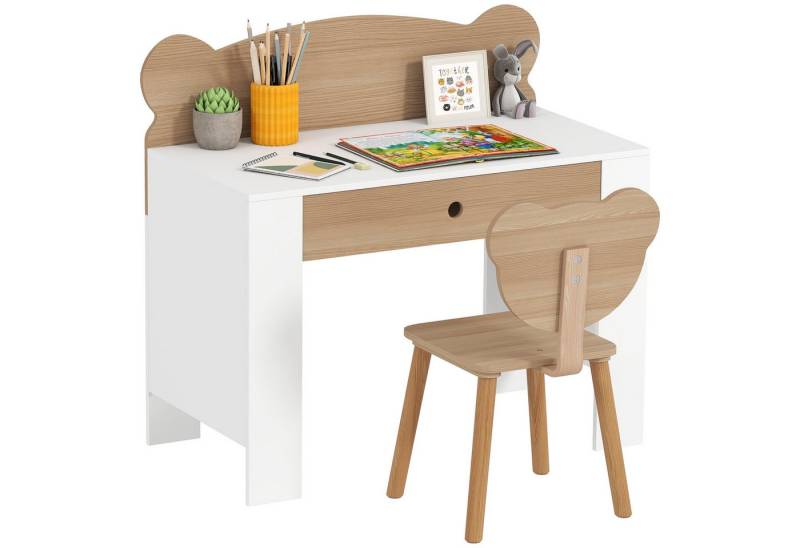 AIYAPLAY Kindertisch mit Tischplatte & Schublade, Bärenform (Kinderschreibtisch Set, 2-St., Kinder Schreibtisch und Stuhl), Jugendschreibtisch für Jungs & Mädchen Naturholz von AIYAPLAY