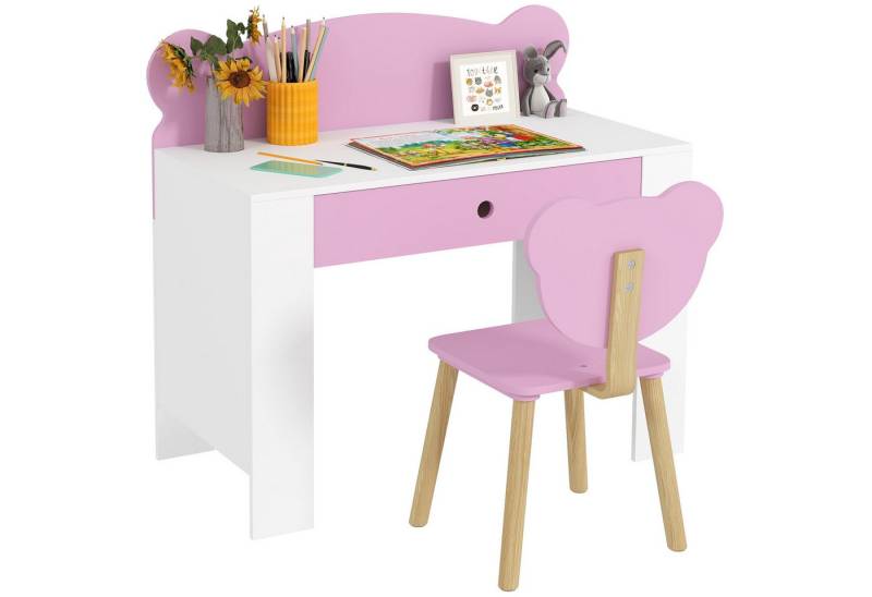 AIYAPLAY Kindertisch mit Tischplatte & Schublade, Bärenform (Kinderschreibtisch Set, 2-St., Kinder Schreibtisch und Stuhl), Jugendschreibtisch für Jungs & Mädchen Rosa von AIYAPLAY