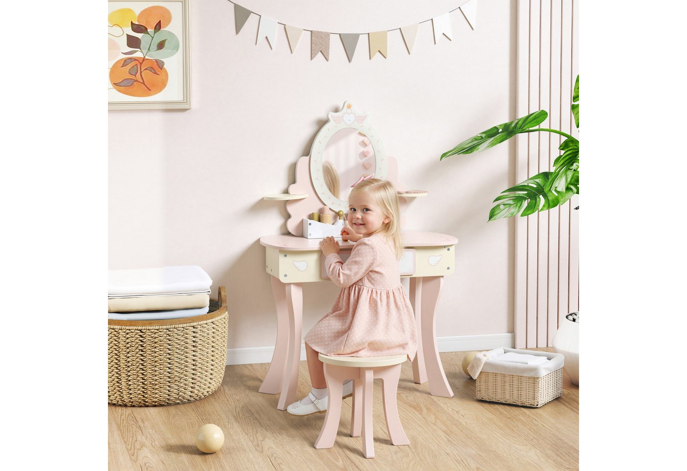 AIYAPLAY Schminktisch mit Hocker, Schublade, abnehmbar Spiegel, Regal, 7 Spielzubehörteilen (Frisiertisch, 2-St., 2-in-1-Kosmetiktisch), für Kinder ab 3 Jahre, Rosa von AIYAPLAY