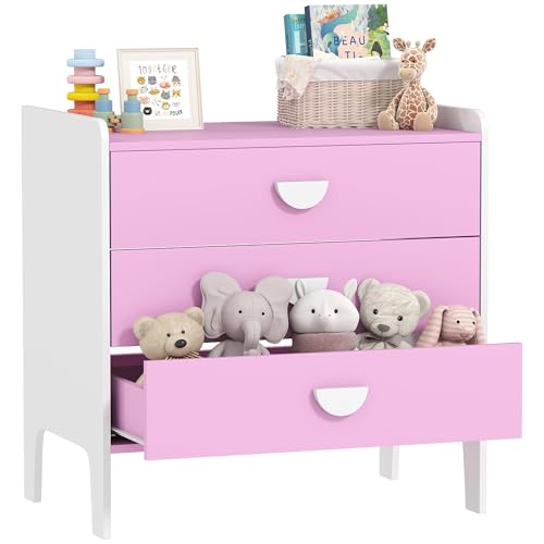 AIYAPLAY Kinderkommode mit 3 Schubladen, Schubladenschrank, Kinderzimmer Nachtschrank, Kinderschrank Spielzeug-Organizer für Kinderzimmer, Wohnzimmer, 60 x 40 x 60 cm Rosa+Weiß von AIYAPLAY