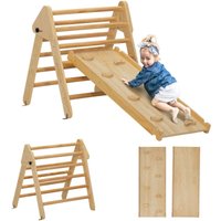 2 in 1 Klettergerüst Set mit Rutsche, Kletterdreieck zum Rutschen und Klettern, Kletterspielzeug aus Holz, für Kinder 1,5-4 Jahre, Indoor, Naturholz von AIYAPLAY