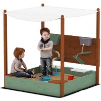 Sandkasten mit Abdeckung 116 x 112,5 cm aus Massivholz Imprägniert Kinder Sandbox mit Sitzbänken Bodenvlies Sandspielzeug, Sandkiste für Outdoor von AIYAPLAY