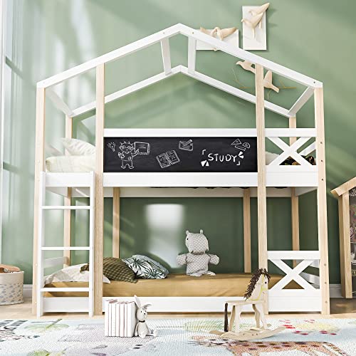 AIYIBETY Kinderbett Baumhaus mit Leiter 90 x 200 cm, Hochbett für Kinder– 2X Lattenrost- Natur & Weiß von AIYIBETY