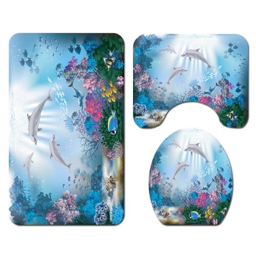 AIYINIY 3-teiliges rutschfestes Polyester-Badematten-Set, Badematte + WC-Vorleger + WC-Sitzbezug, Heimdekoration, Meerestier (Delfin) von AIYINIY