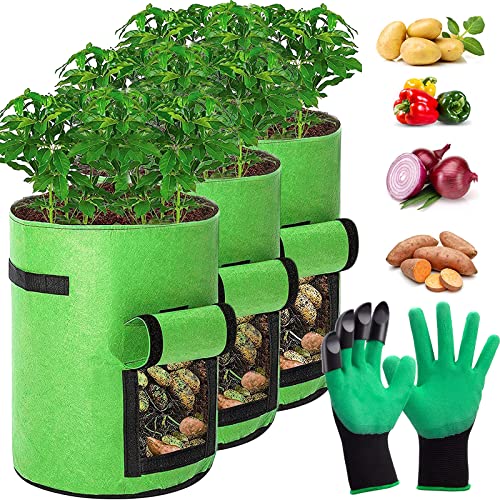 AIYONG Pflanzsack Kartoffel, 3 PCS 10 Gallonen Kartoffel Pflanztopf Tomaten Pflanztaschen Balkon, mit Gartenhandschuhe, pflanzbeutel kartoffelsack für Kartoffeln, Blumen, Pflanzen, Gemüse von AIYONG