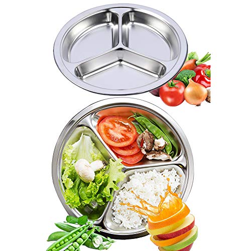 AIYoo 304 Edelstahl unterteilte Speiseteller Set mit 2 geteilten Tellern 27,9 cm mit 3 Fächern Unordnung Tabletts Lebensmittelteller für Erwachsene, Camper und für Portionskontrolle Metallplatte von AIYoo
