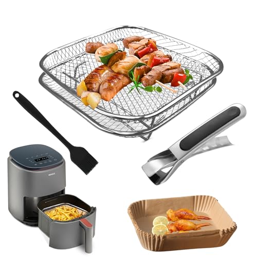 2 Stück Gitter für Heißluftfritteuse Zubehör, Air Fryer Racks 304 Edelstahl mit Clips und Backpinsel, 50PCS Backpapier für Heißluftfritteuse, Square Körbe für Ninja Philips Cosori Airfryer Zubehör von AIZHAZHA