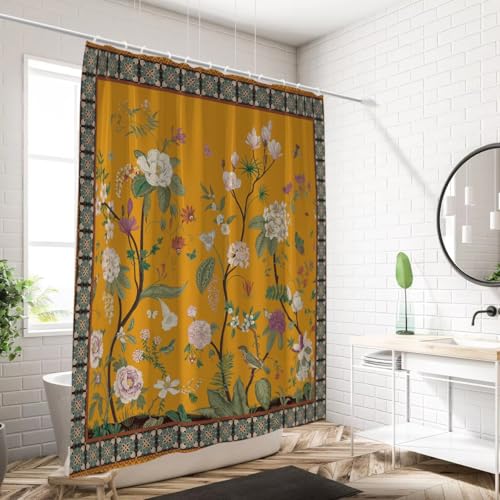 AJALGZ 1 Stück Duschvorhang-Trennwand mit gelbem Retro-Blumenmuster, wasserdicht und schimmelresistent (120 x 210 cm/extra Langer Duschvorhang) von AJALGZ