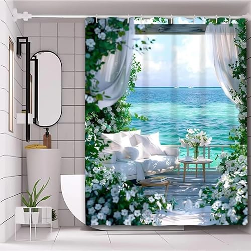 AJALGZ Blauer Badevorhang mit Gartenlandschaft, wasserdicht, mit Haken, Badezimmer-Heimdekoration (130 x 192 cm/Badezimmervorhänge) von AJALGZ