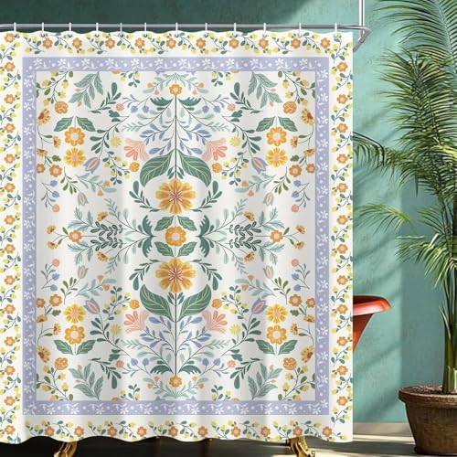 AJALGZ Boho Vintage Blumen-Duschvorhang für Badezimmer, Retro-Blumenmuster, rustikaler Landhausstil, Polyester, Badewannenvorhang (150 x 190 cm/Stoff-Duschvorhang) von AJALGZ